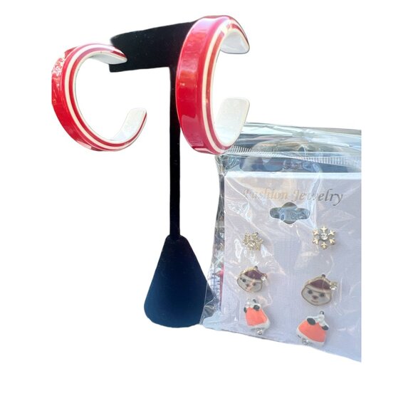 Red & White Acrylic Hoop Earrings With Matching Winter-Themed Stud Set For Women - Picture 2 of 6